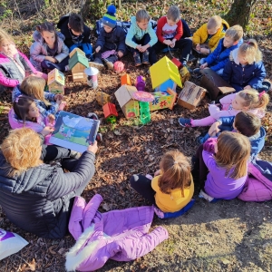 Ptičje krmilnice v bralnem kotičku v gozdu Ptičje krmilnice v bralnem kotičku v gozdu